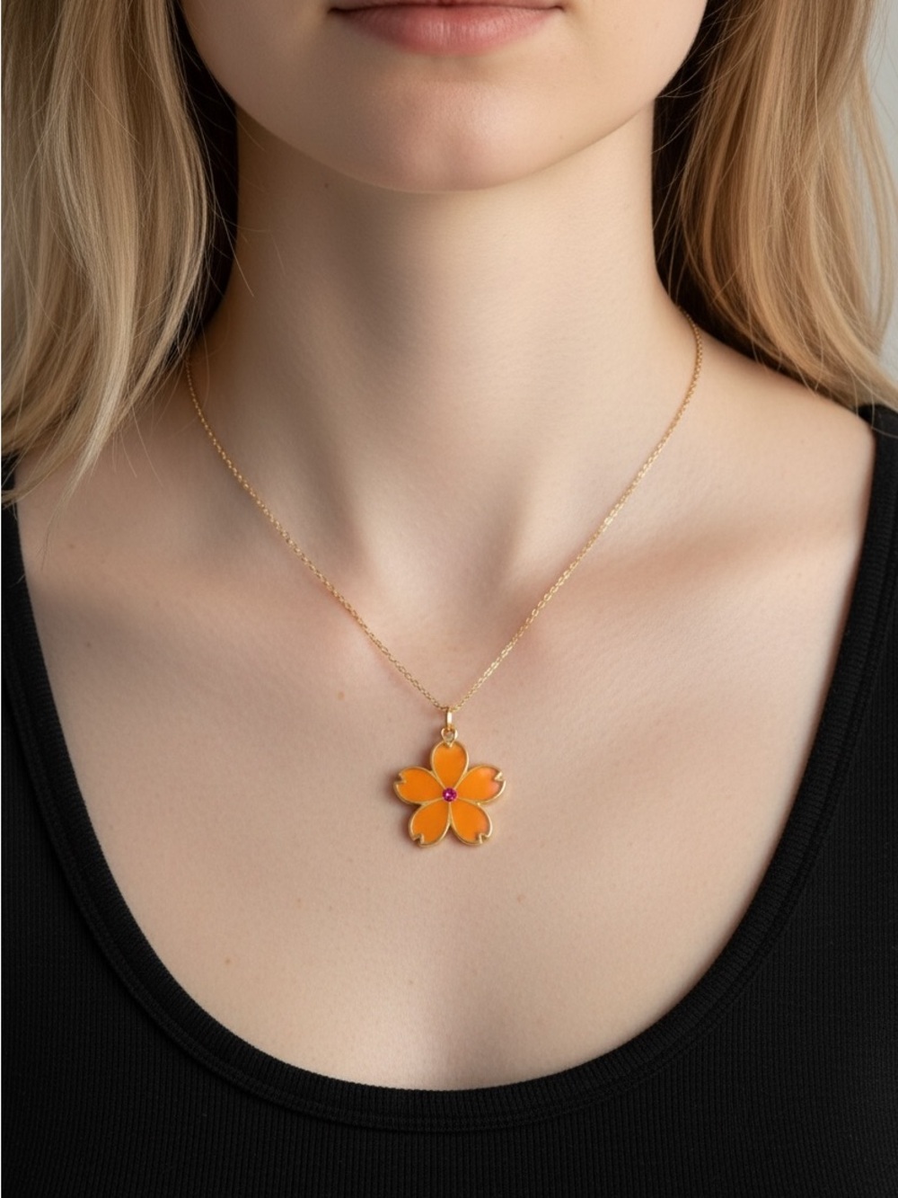 9/25 Gold-Plated Orange Enamel Flower Pendant Necklace